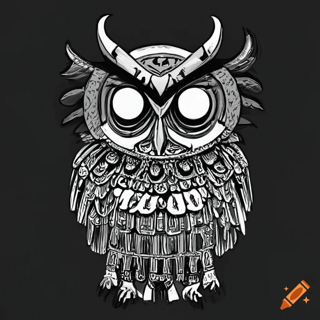 black and white line art of an Aztec owl with horns