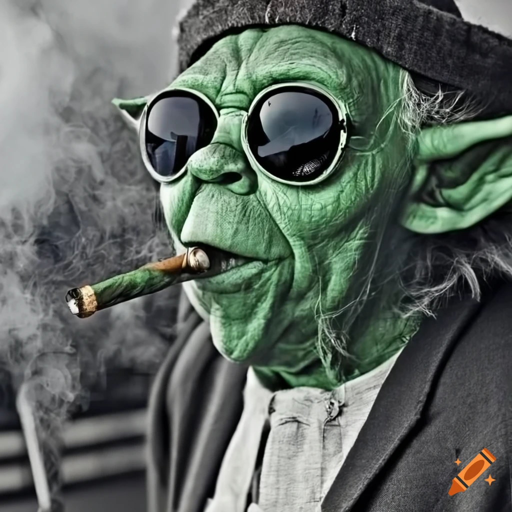 Cool retro-style photo of yoda wearing sunglasses and smoking a cigar on  Craiyon