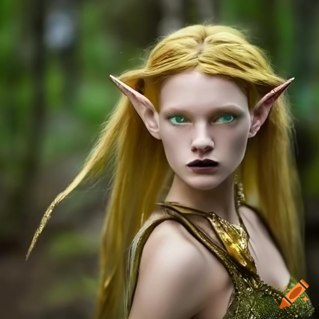 Artwork of a forest elf with blond hair and gold eyes