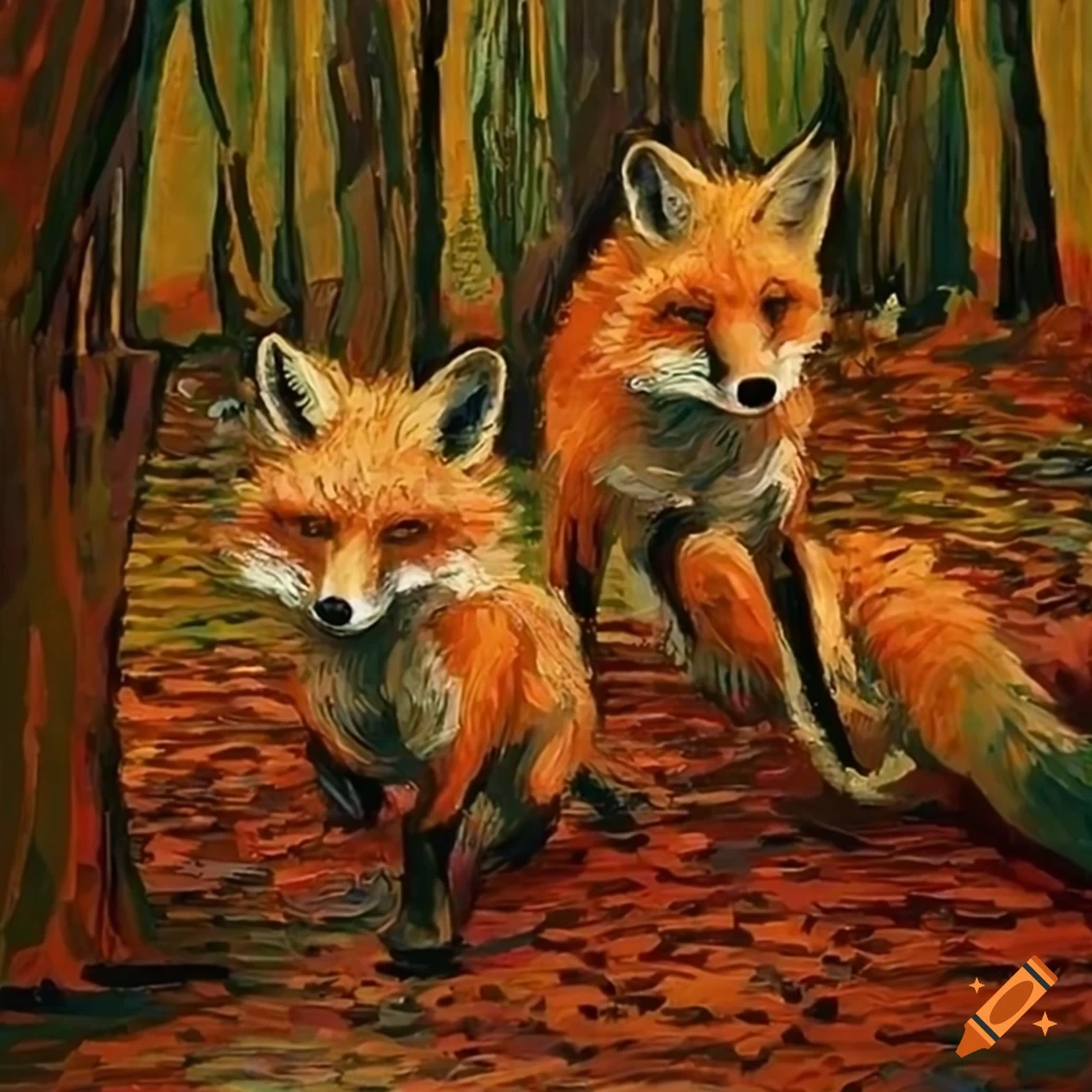 Van Gogh style artwork of foxes running in a fall forest
