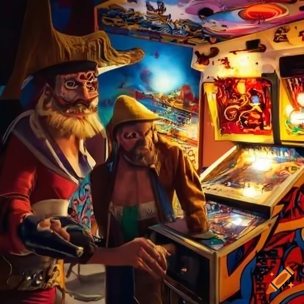 pirate playing pinball at the arcade