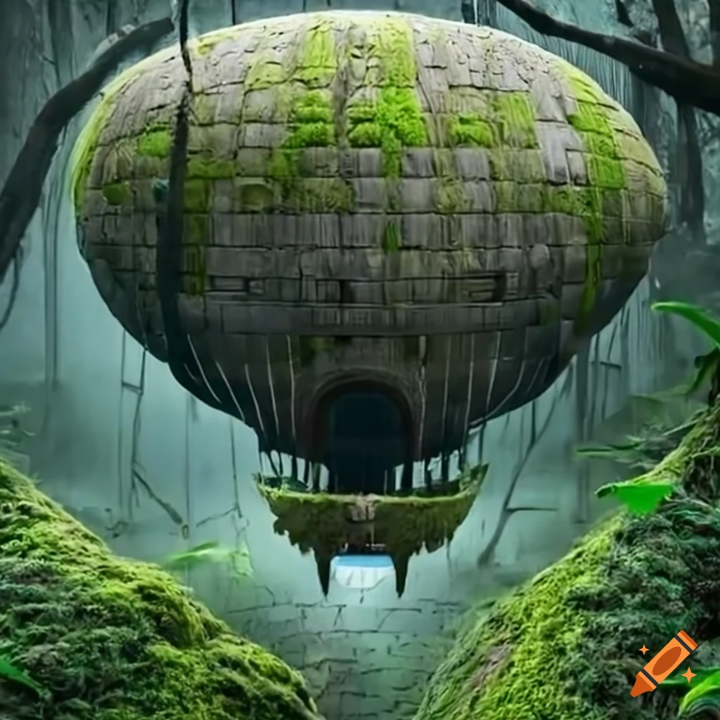 fantasy airship near a futuristic-maya door in the jungle