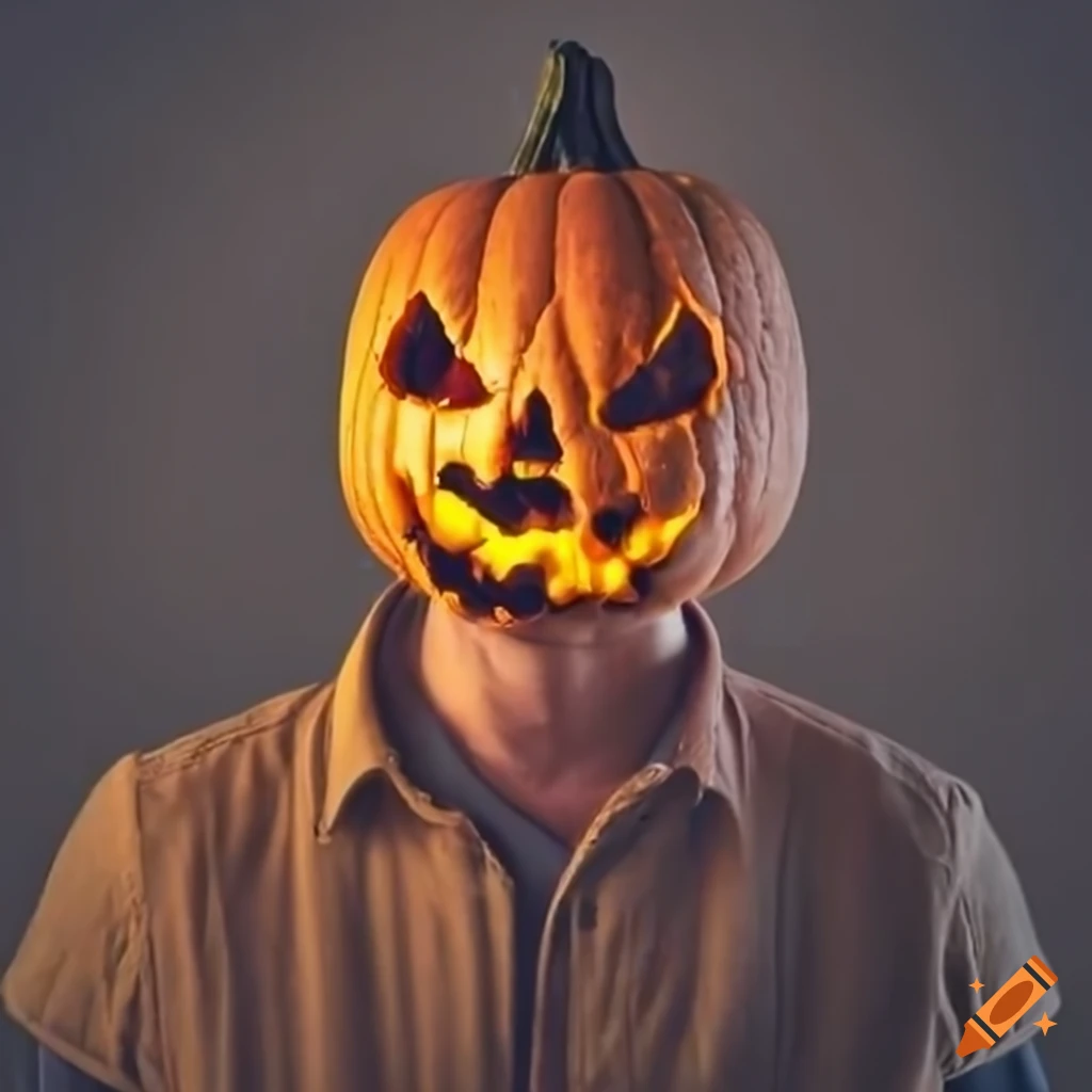 Artistic representation of a man with a pumpkin head