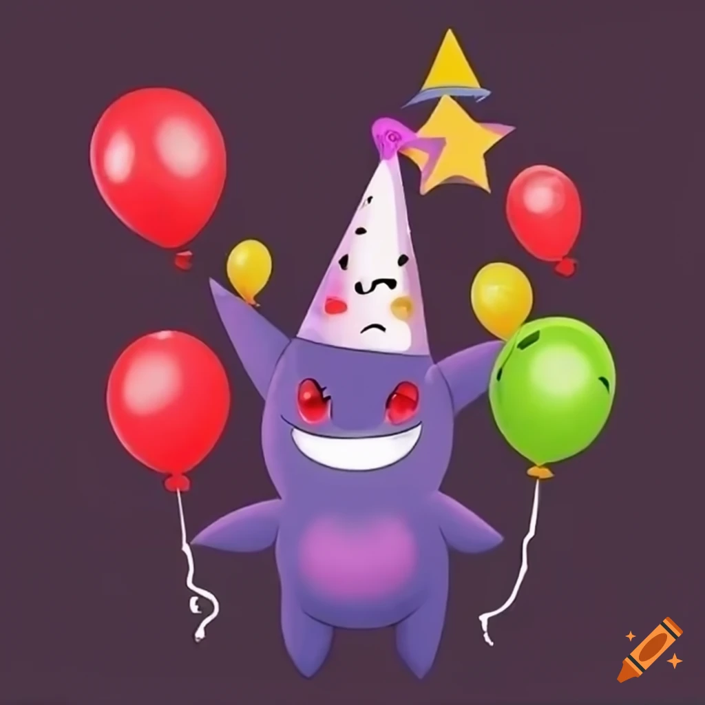 Gengar wearing a party hat and surrounded by balloons on Craiyon
