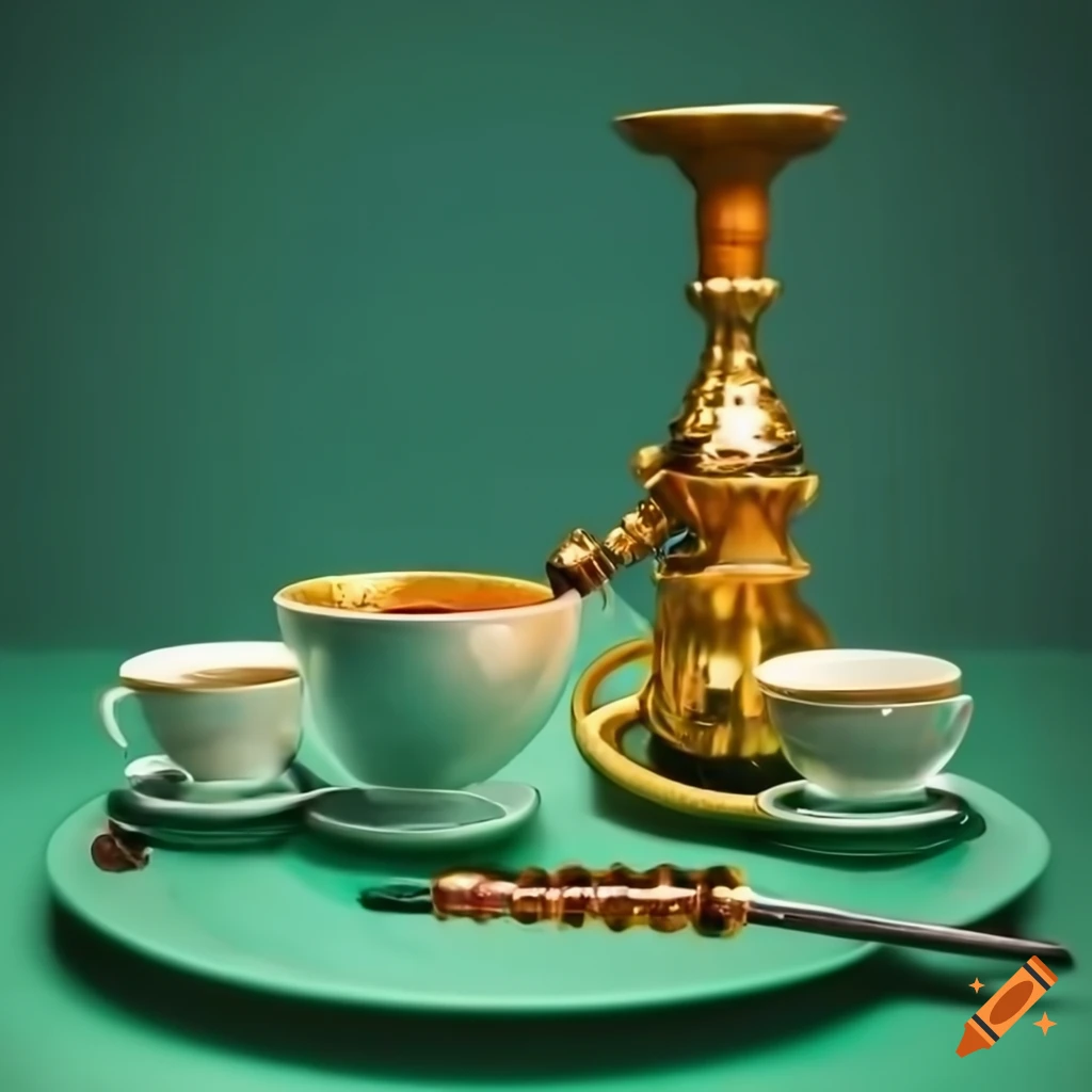 perspective view of gold coffee cups and a hookah on a green table