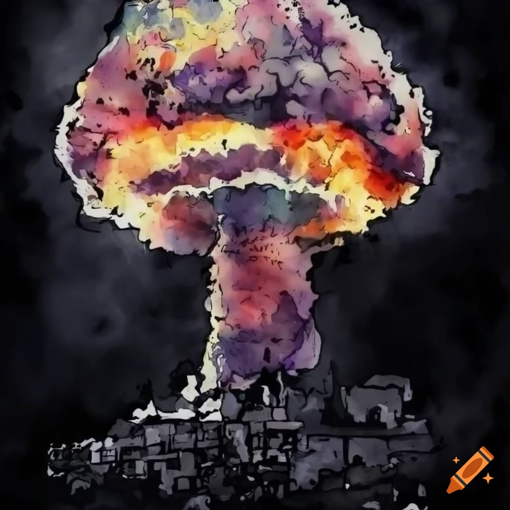 arte de una explosión gigantesca con la silueta de una ciudad en primer plano