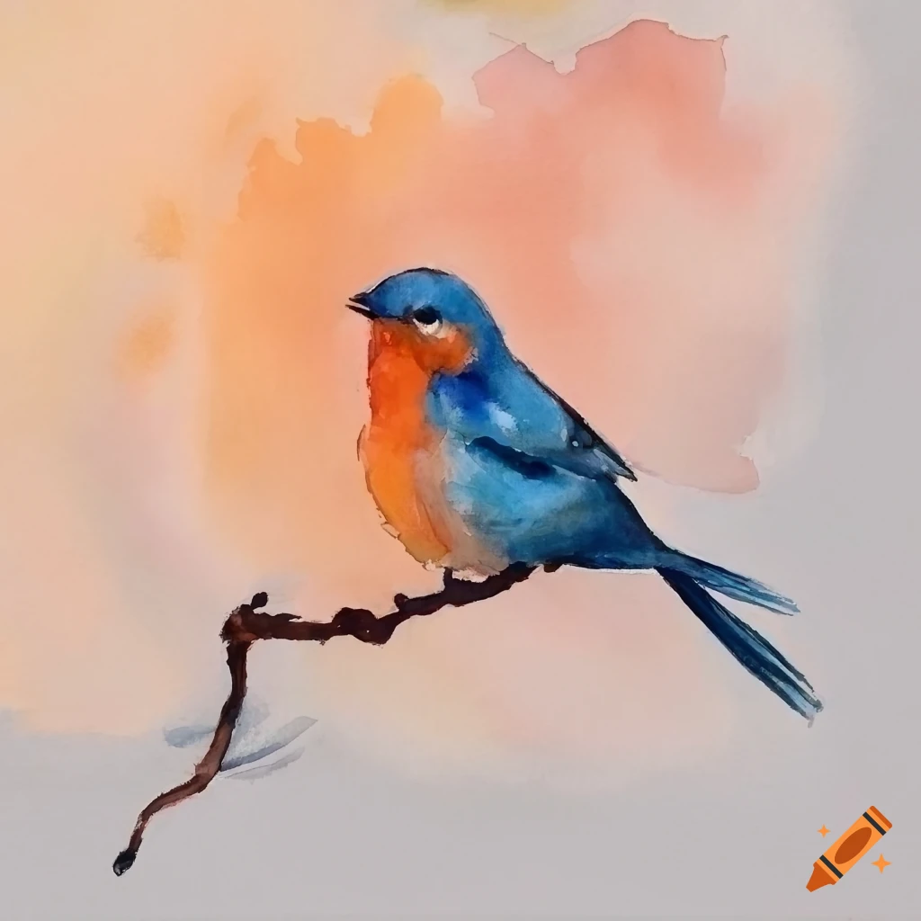 Watercolor painting of a small bird on a tree branch on Craiyon