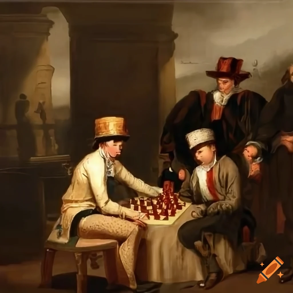Oil painting of a grand chess match outside a school
