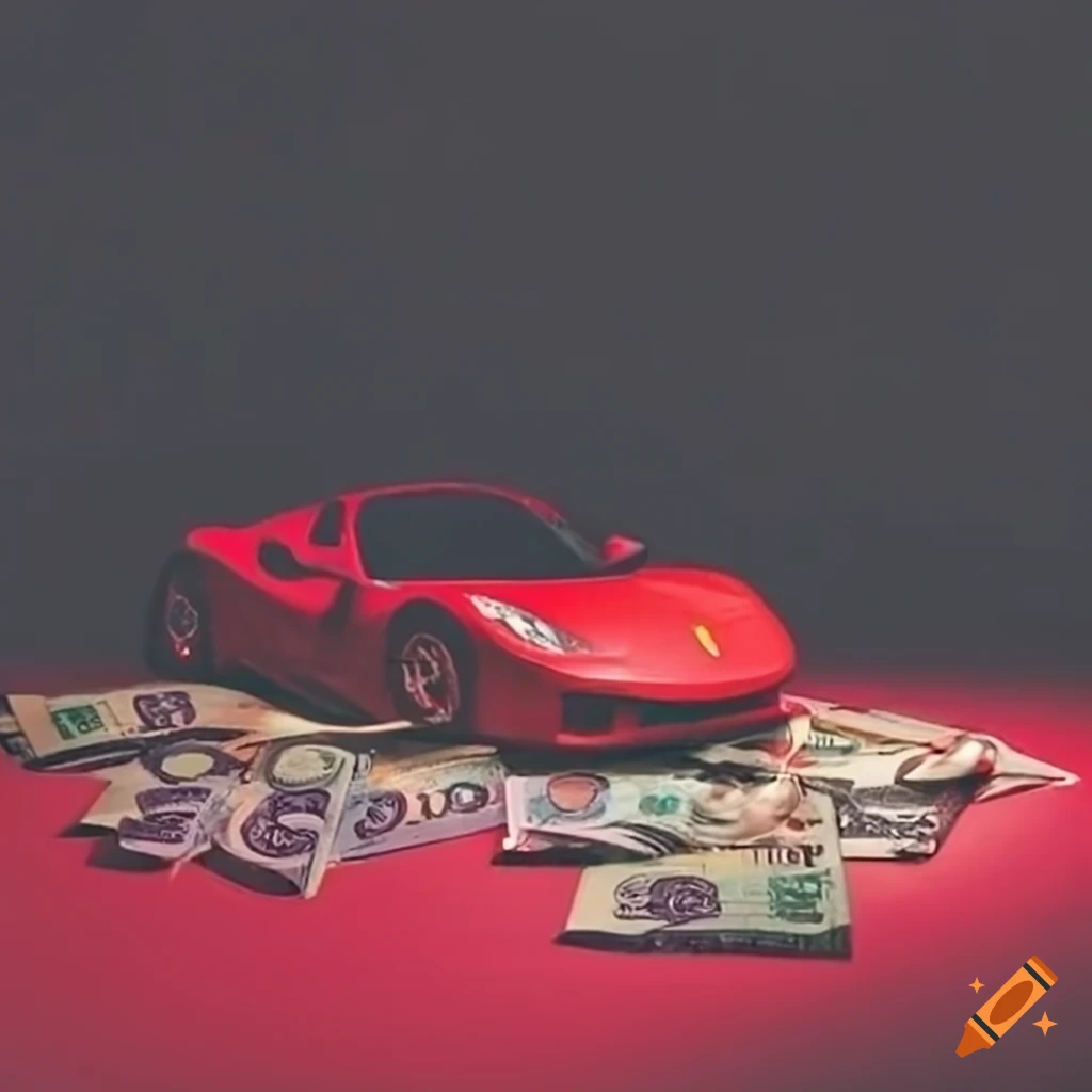 Red ferrari next to a pile of cash