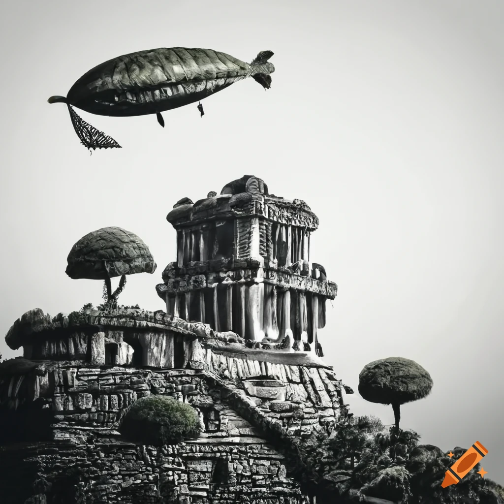 Mayan-style garden with a moss-covered airship