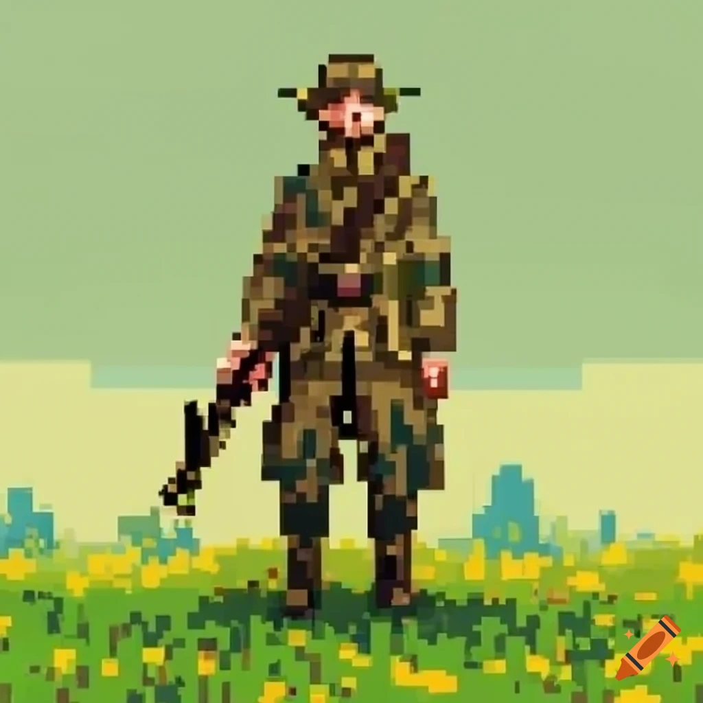 2D pixel art of a hunter with a rifle on Craiyon