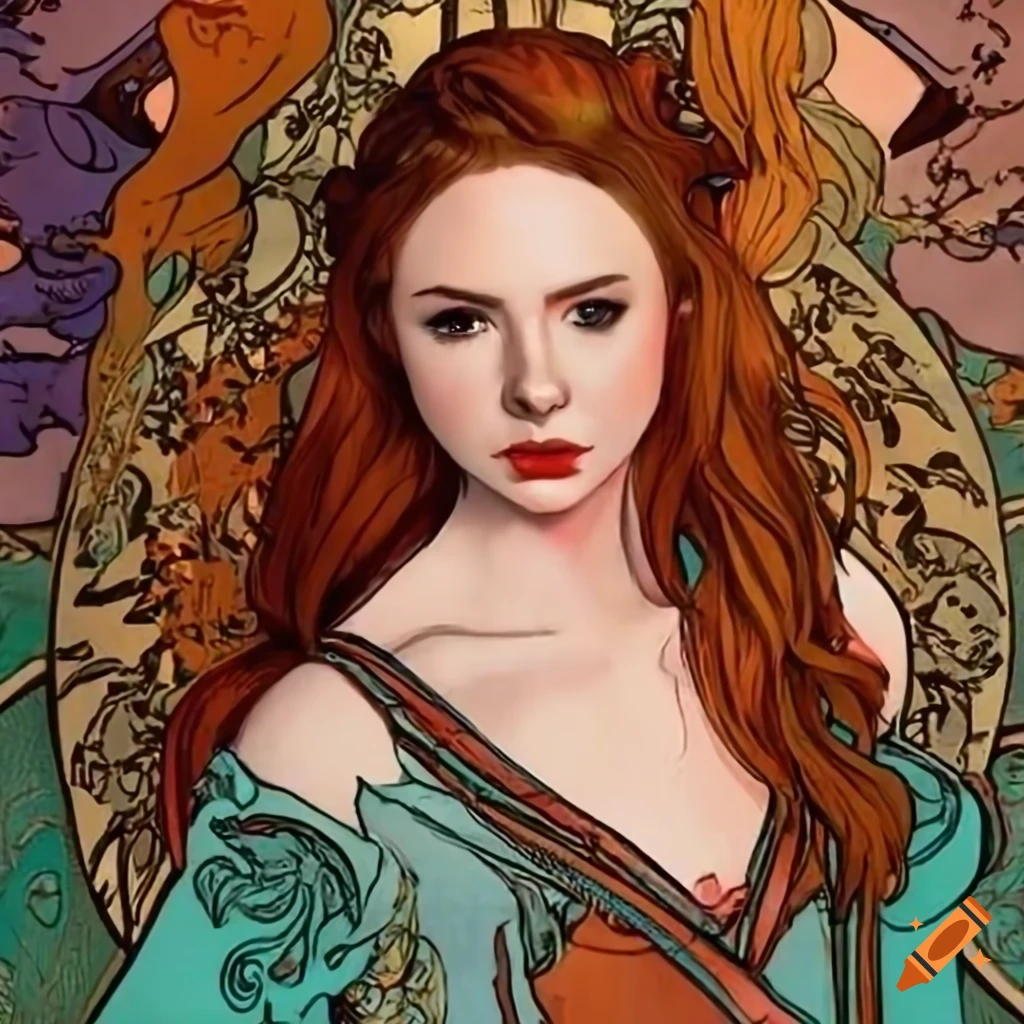 Art nouveau illustration of karen gillan in vibrant outfit