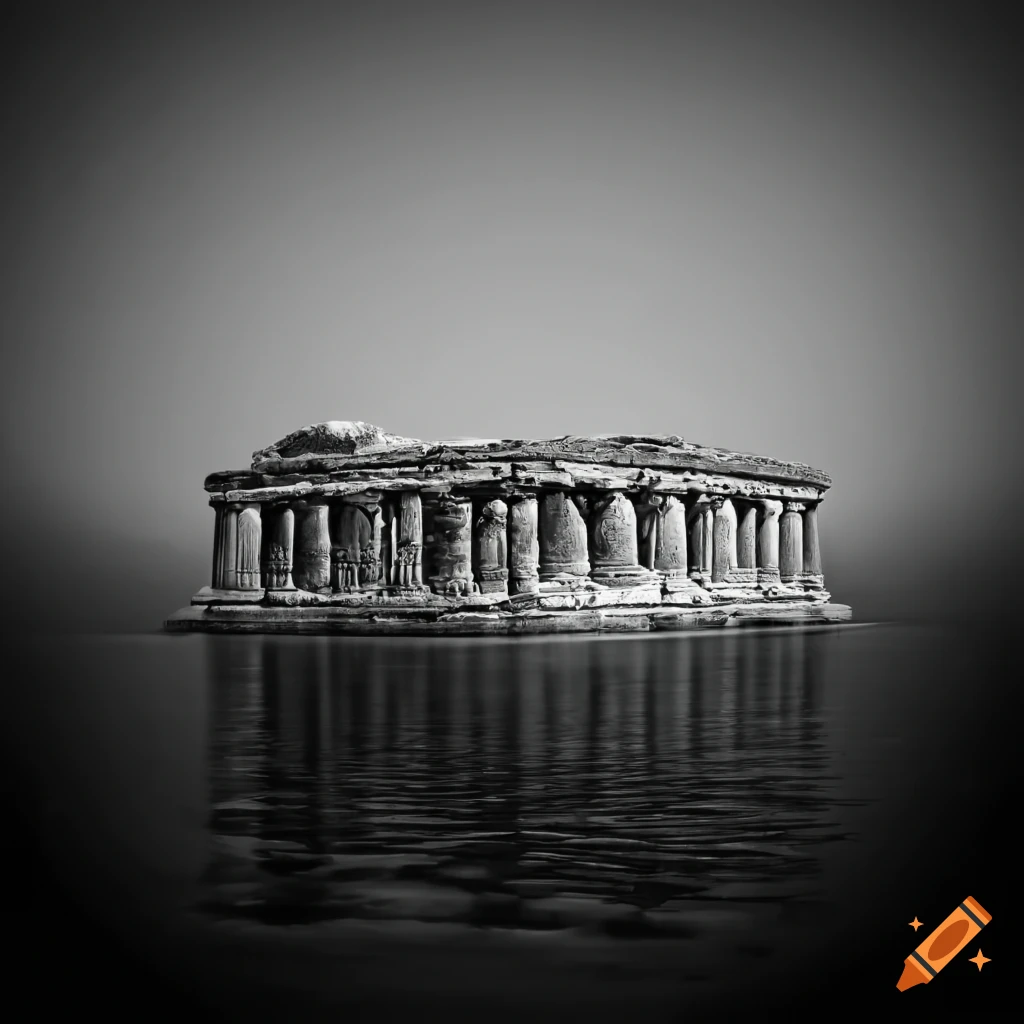black and white image of an ancient Greek landscape with a small temple