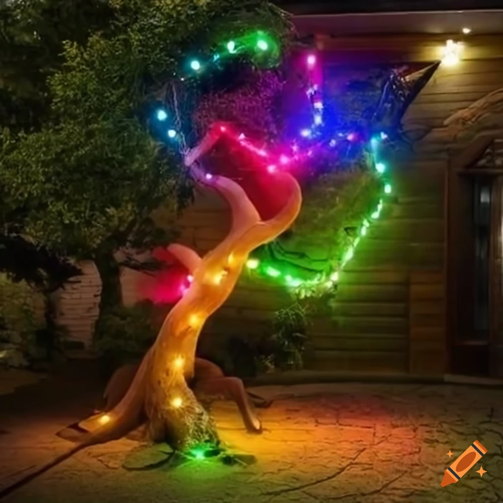 colorfully lit courtyard with gnarled tree trunks