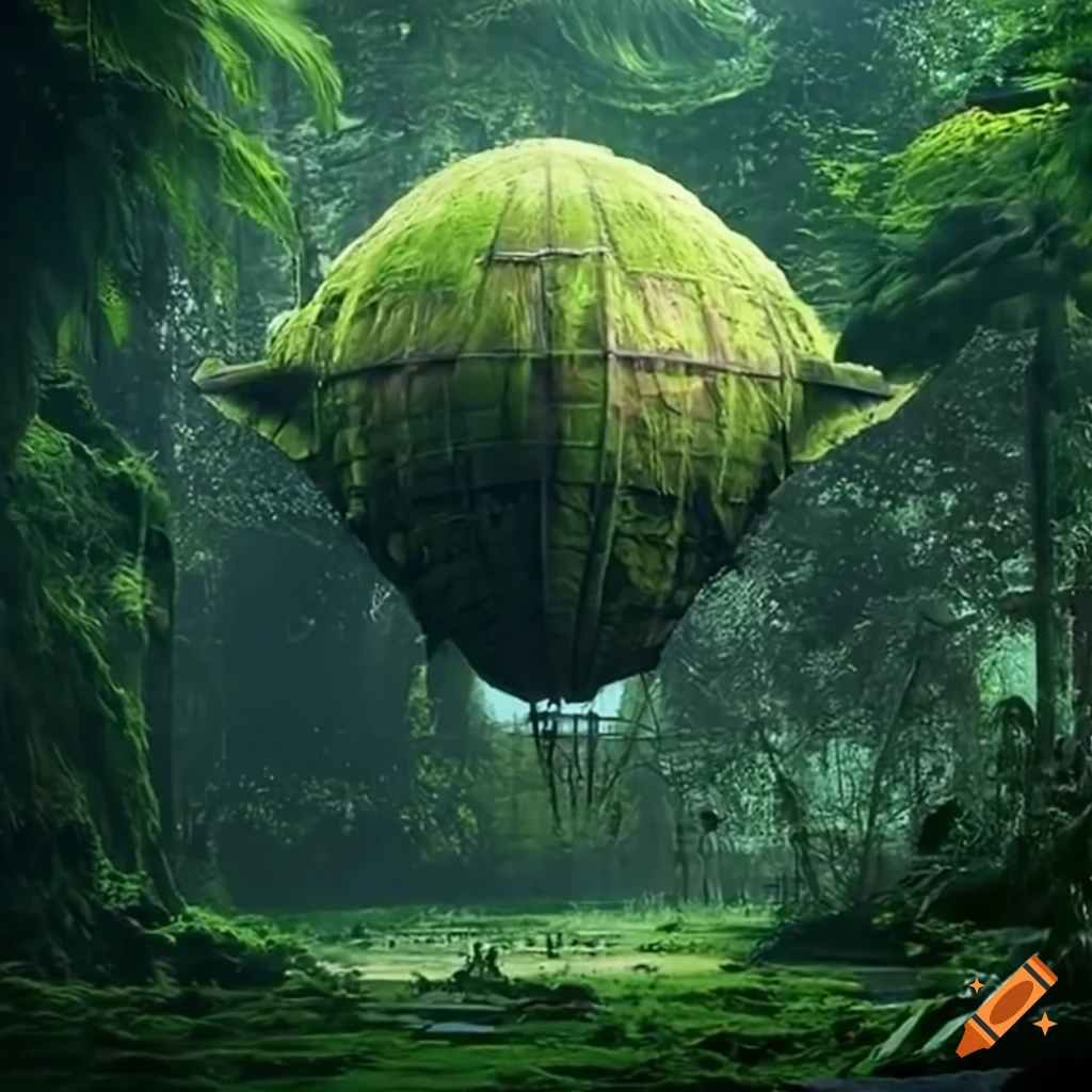 moss-covered airship above a futuristic-maya door in the jungle