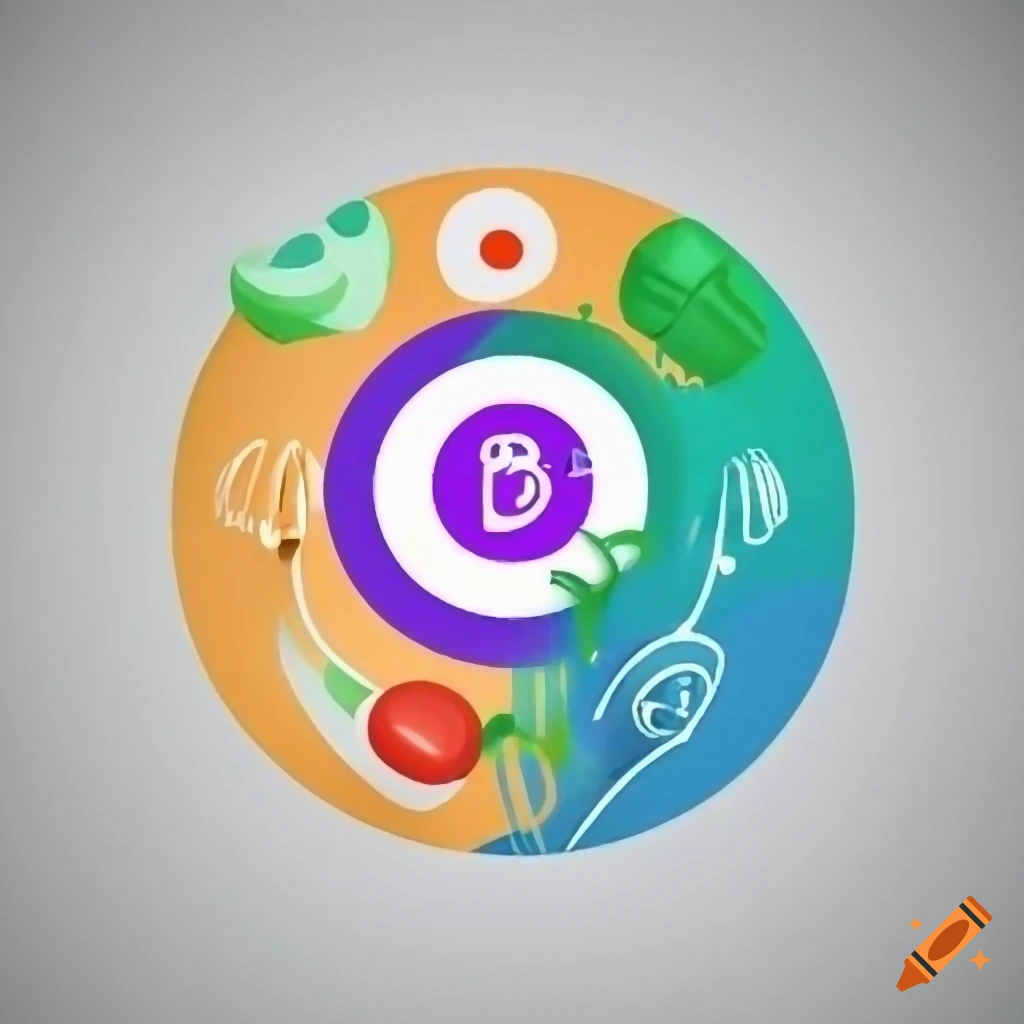 white background with a circle in the middle containing fork, spoon, and vegetables