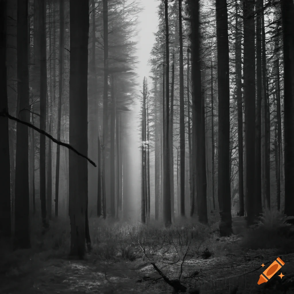 black and white photo of a pine forest at night