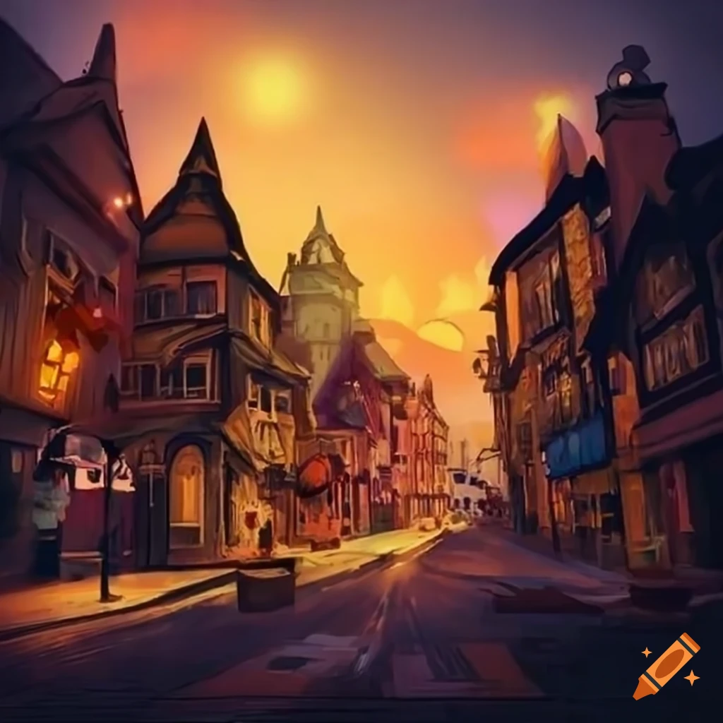 Sundown in a bustling fantasy town on Craiyon