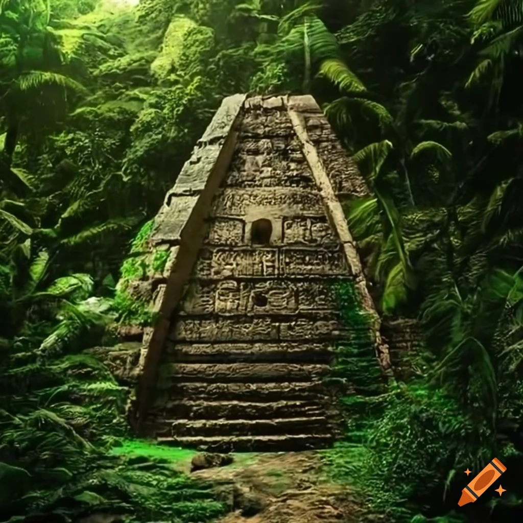 Egyptian pyramid with mayan symbols in a rainforest on Craiyon