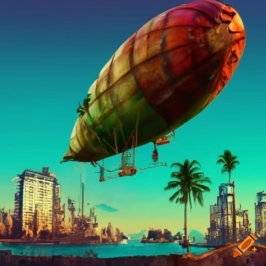 steampunk city with rusted airship and palm trees