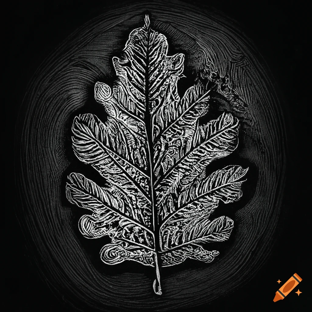 detailed woodcut tarot card with oak leaf