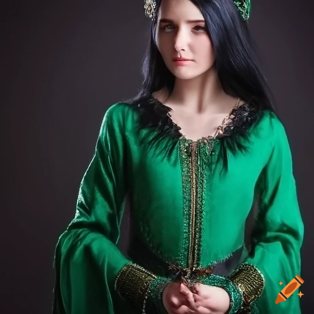 Portrait of a medieval lady with black hair and green clothes on Craiyon