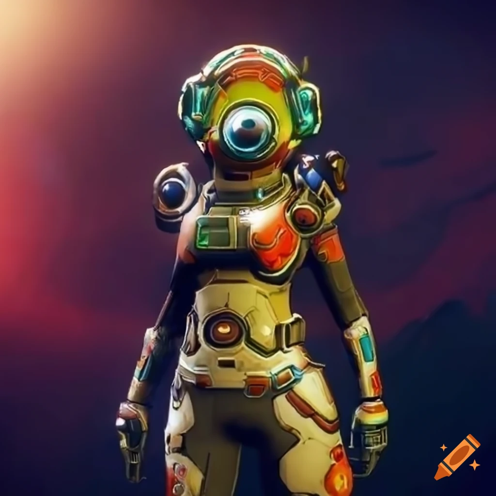 Female soldier with colourful jewelled armour in no man s sky