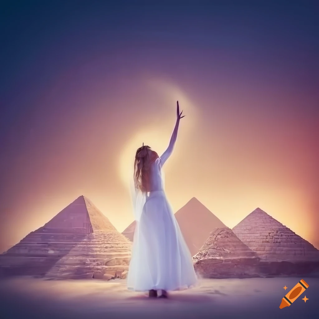 ethereal girl playing in front of the pyramids