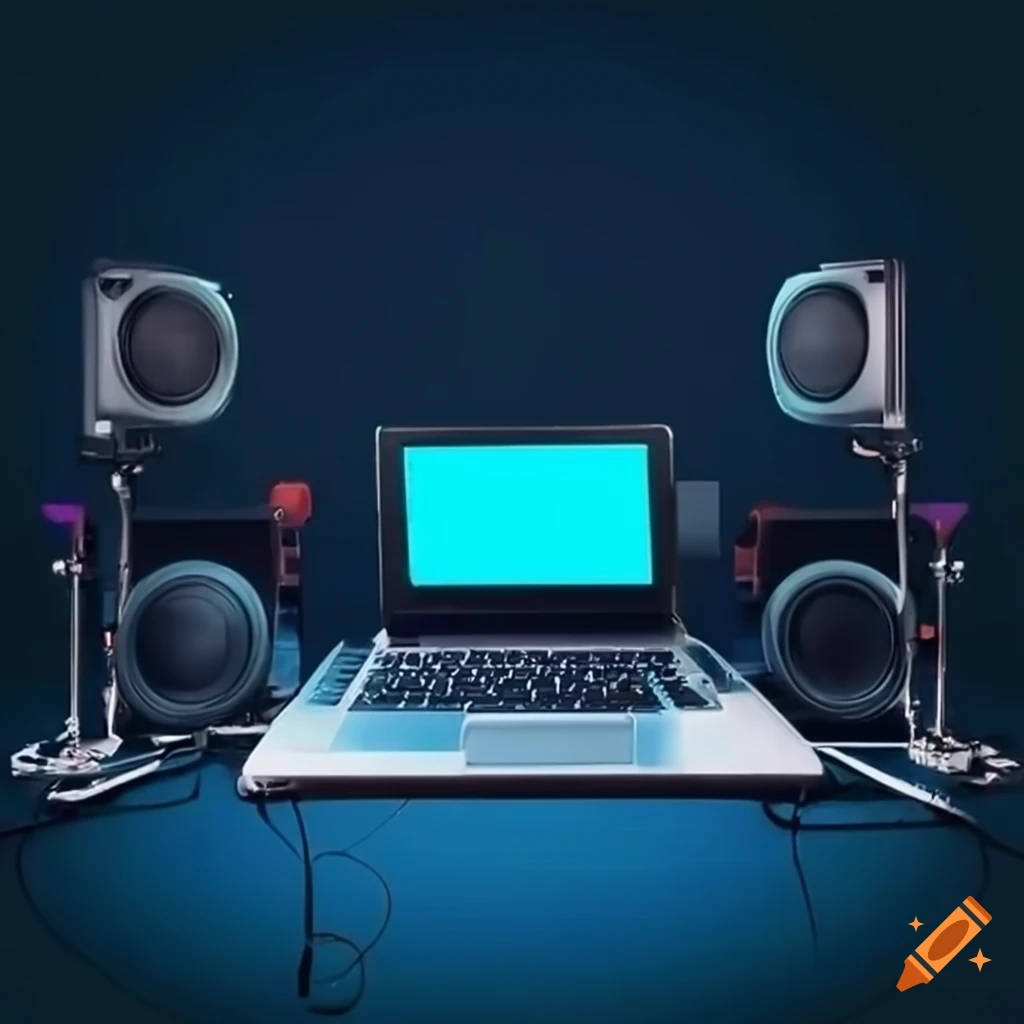 Laptop in a recording studio with music equipment on Craiyon