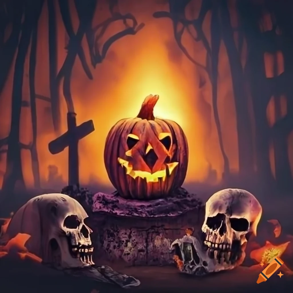festive Halloween puppet surrounded by bonfires in a dark forest