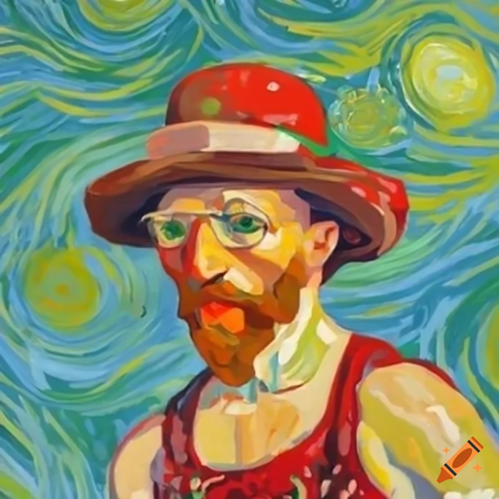 funny artwork of Vincent van Gogh swimming with tomato hat