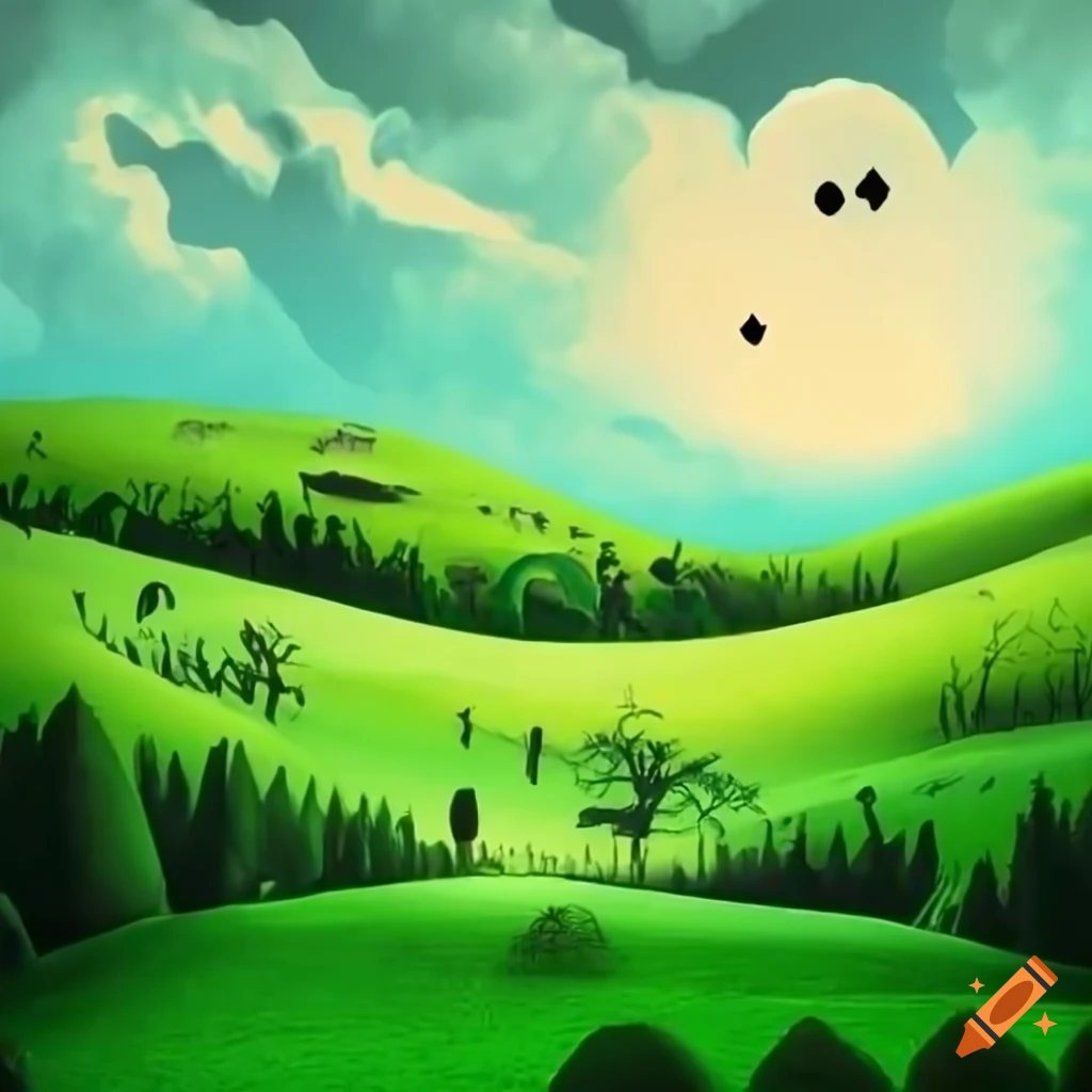 green hills in Tim Burton style