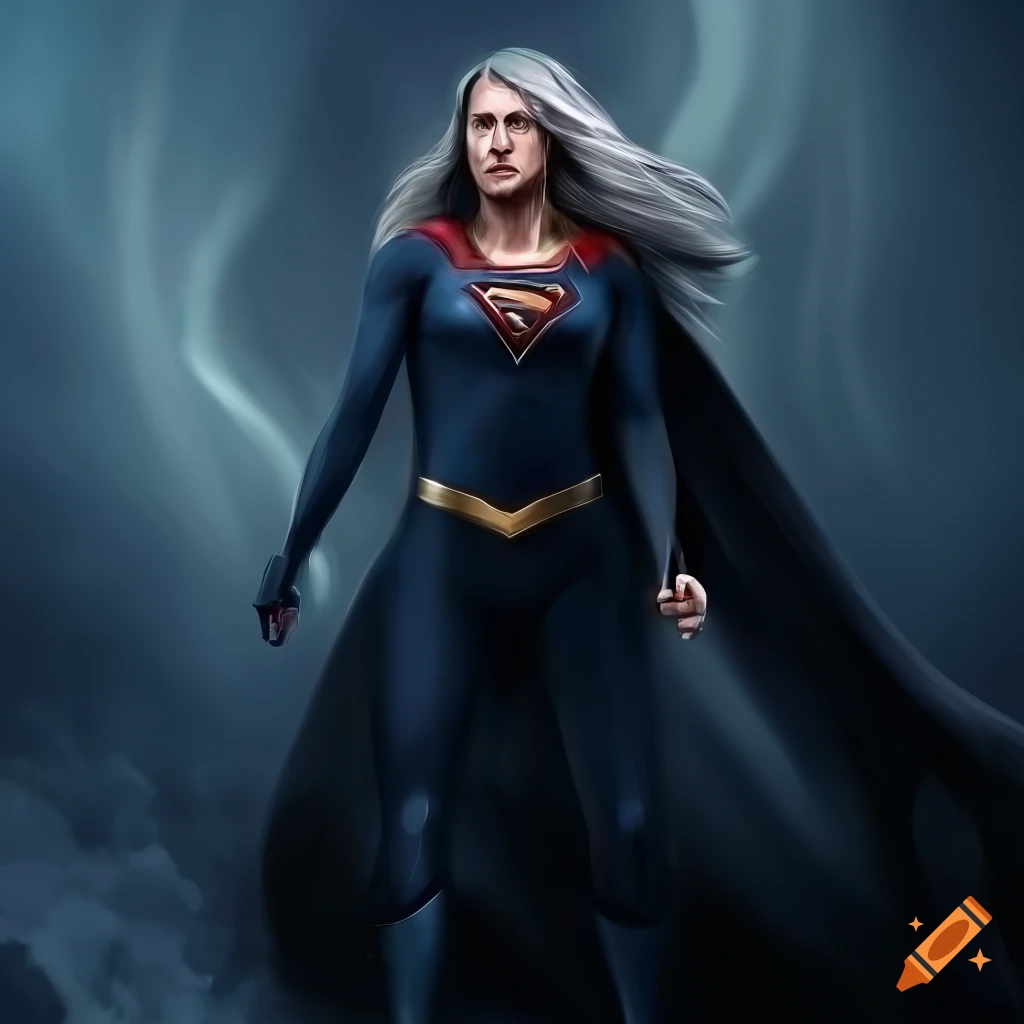 digital art of a fierce-looking Supergirl with long grey hair and red glowing eyes