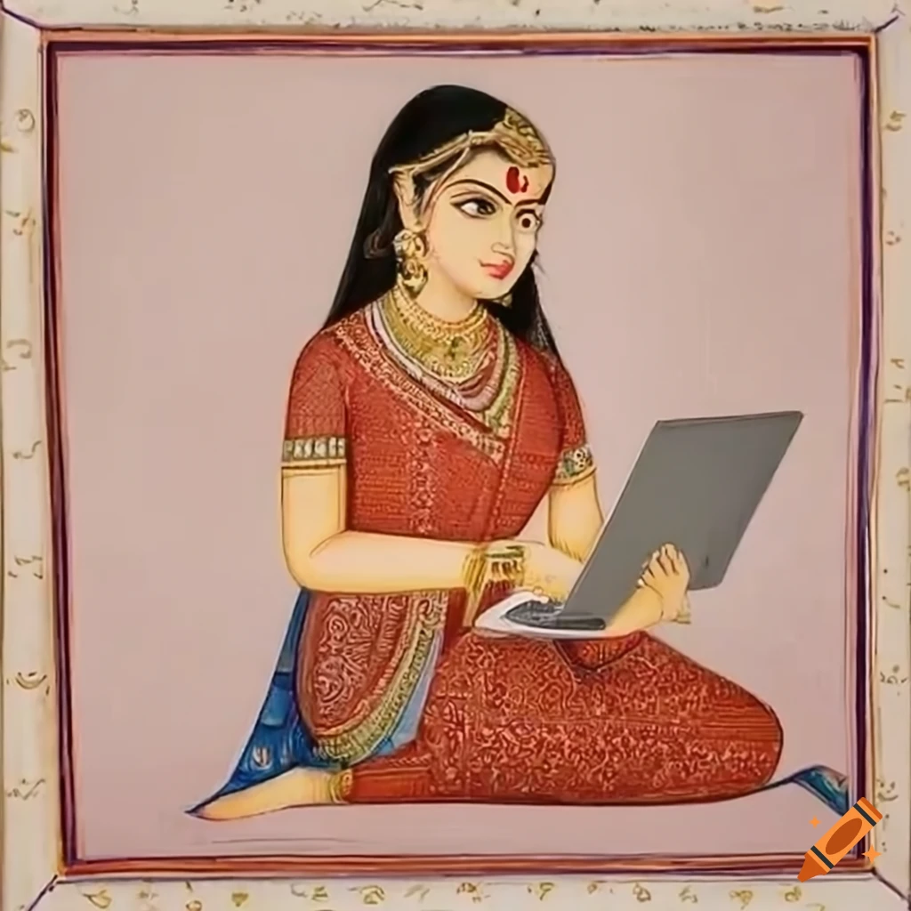 Indian miniature painting of a girl working on a laptop