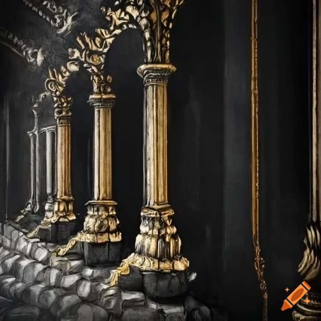charcoal sketch of palace stairs with gold details