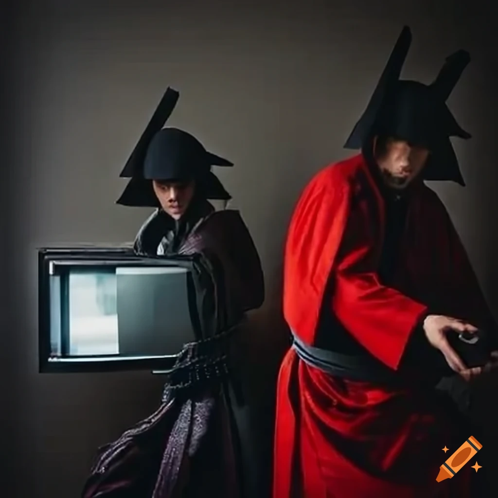 Samurai Enter Computer Show Image of two samurai carrying a tv through a window on Craiyon
