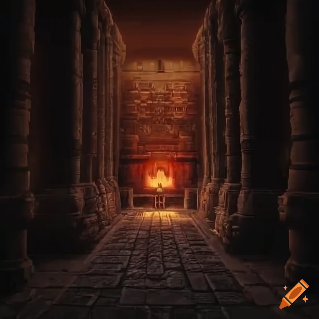 Indoor view of a Mayan temple with blood on the walls on Craiyon