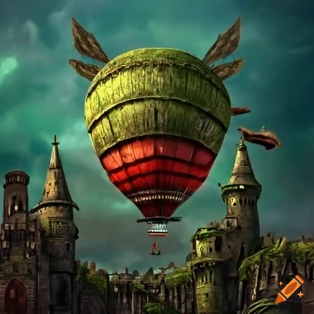 steampunk airship flying over a castle