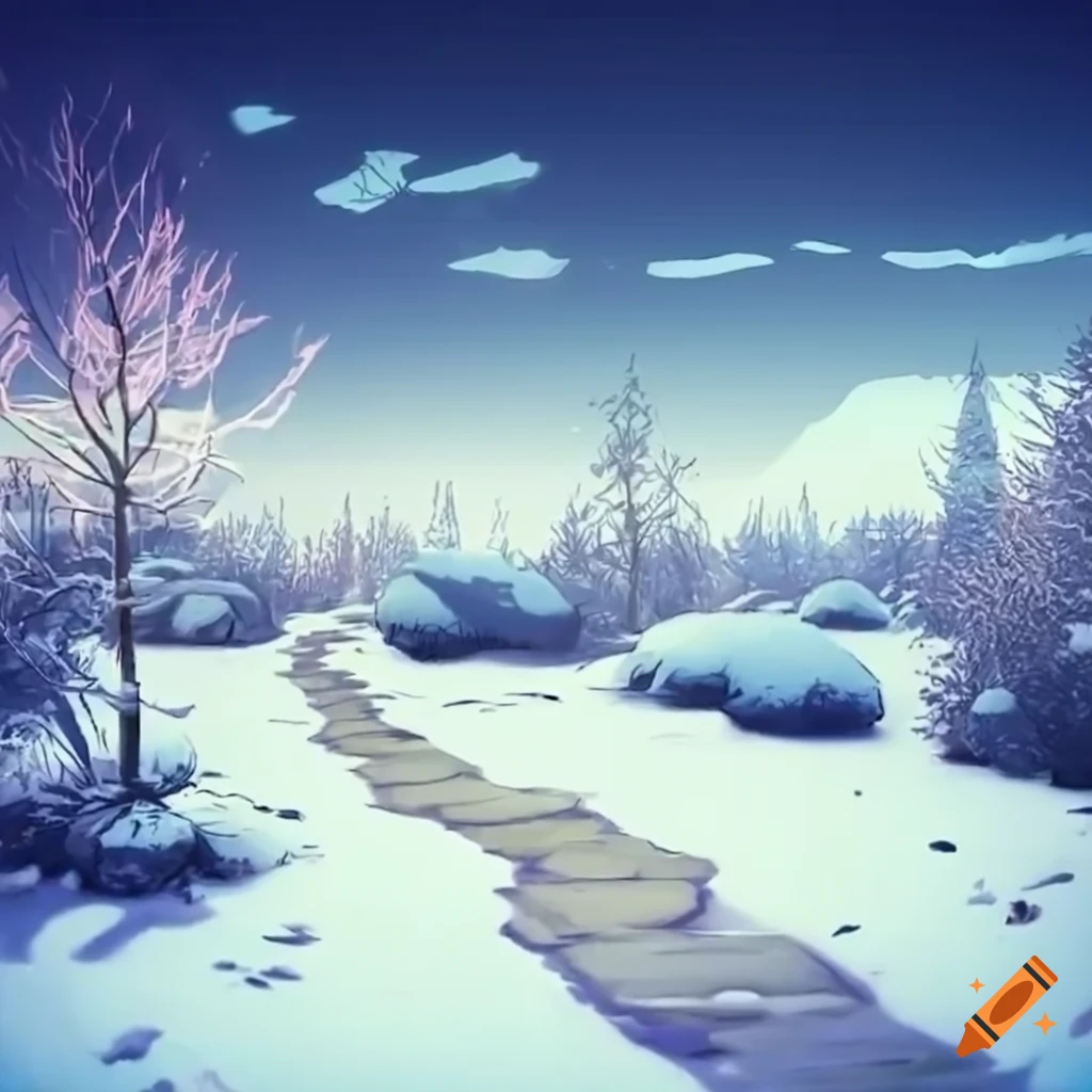 anime style snowy landscape with a stone path