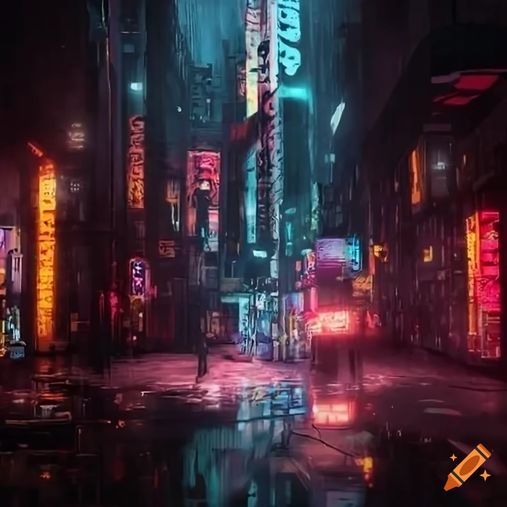 Cyberpunk street with holographic banners on Craiyon
