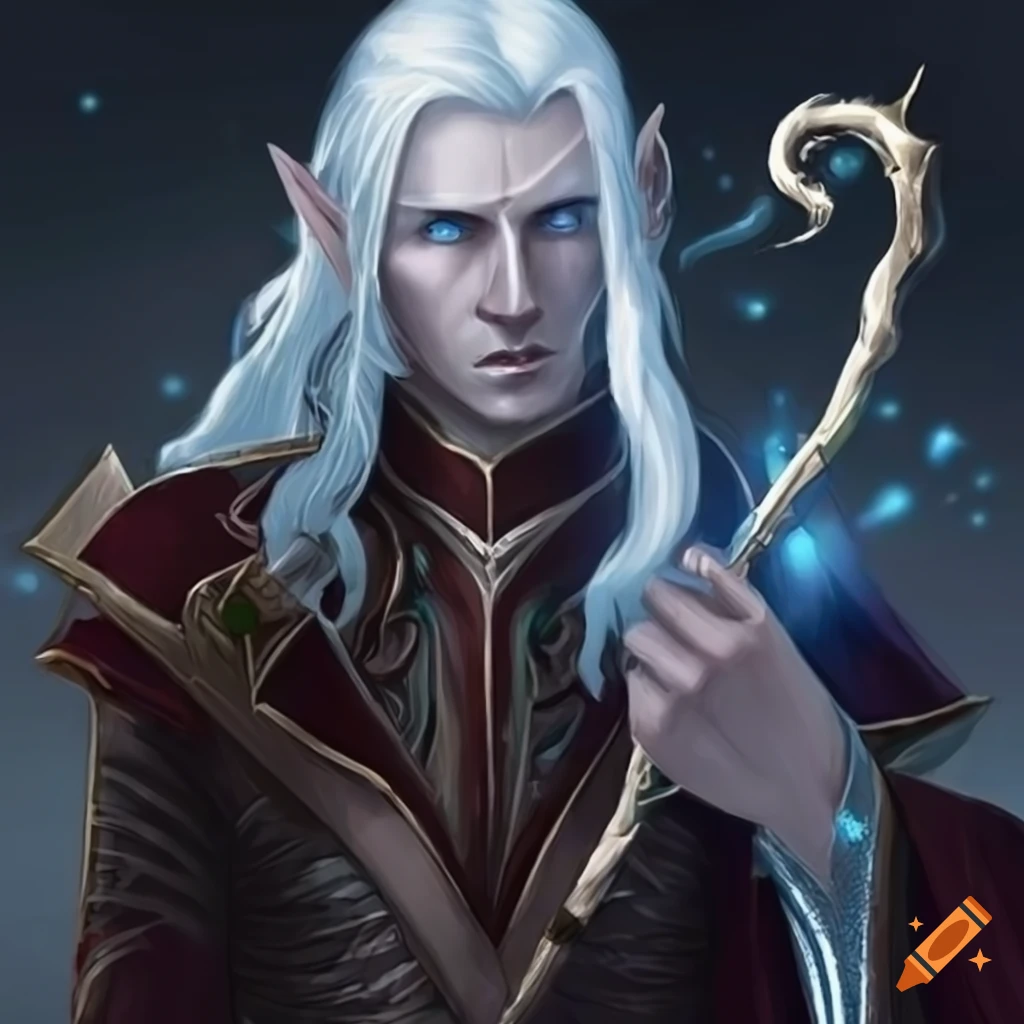 A male fantasty elf warrior with emerald green eyes, long blonde hair ...
