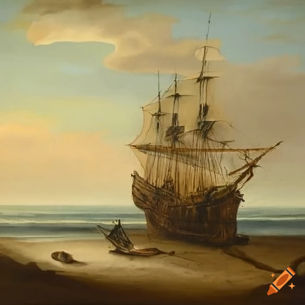 old painting of a shipwrecked galleon on a sandy shore