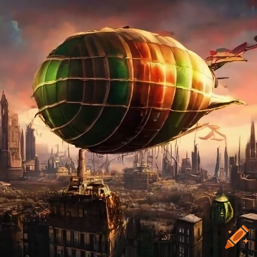 steampunk city with moss-covered airship