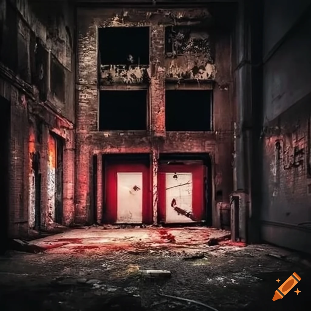 creepy image of abandoned fire station at night