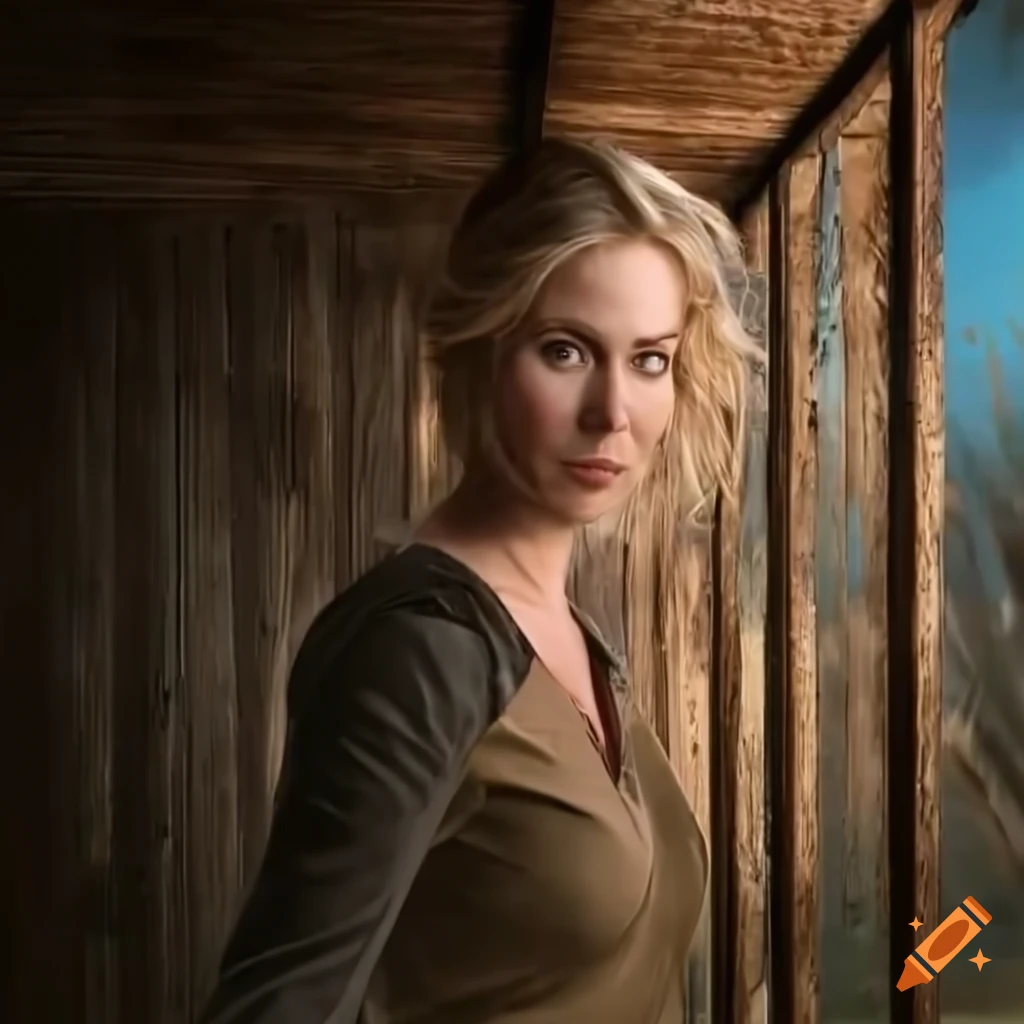 Hyperrealistic painting of a policewoman climbing through a barn window