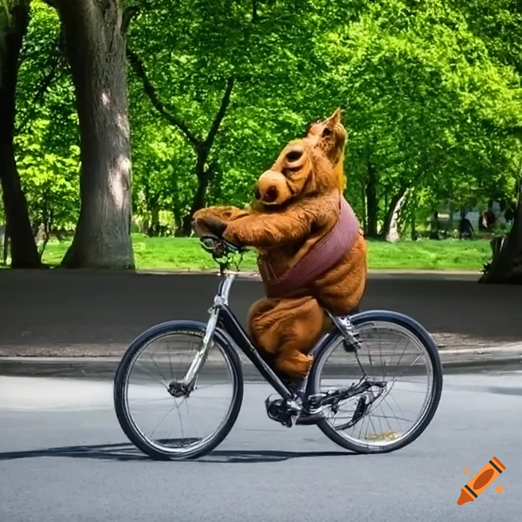 ALF riding a bike in Central Park, New York