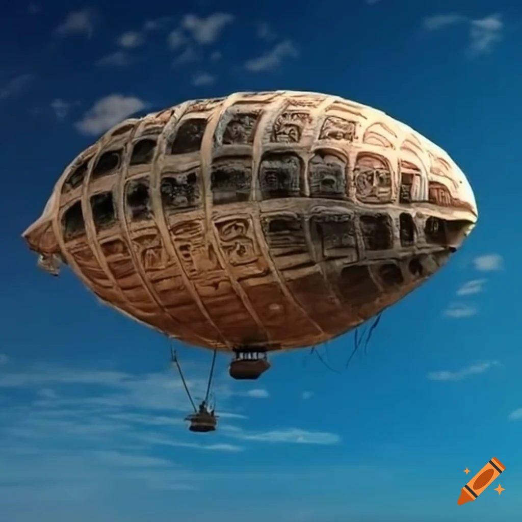 Mayan airship flying over a city