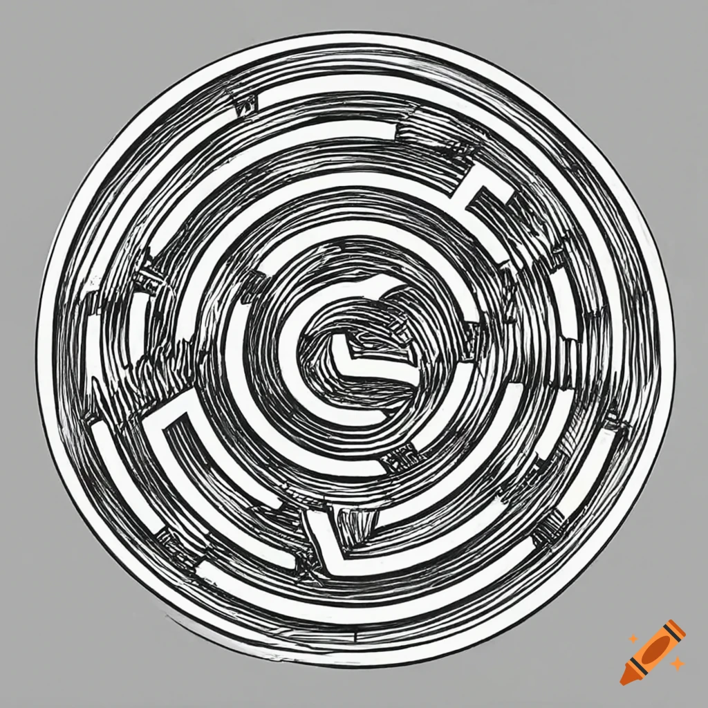 black and white sketch of a minimal labyrinth sculpture