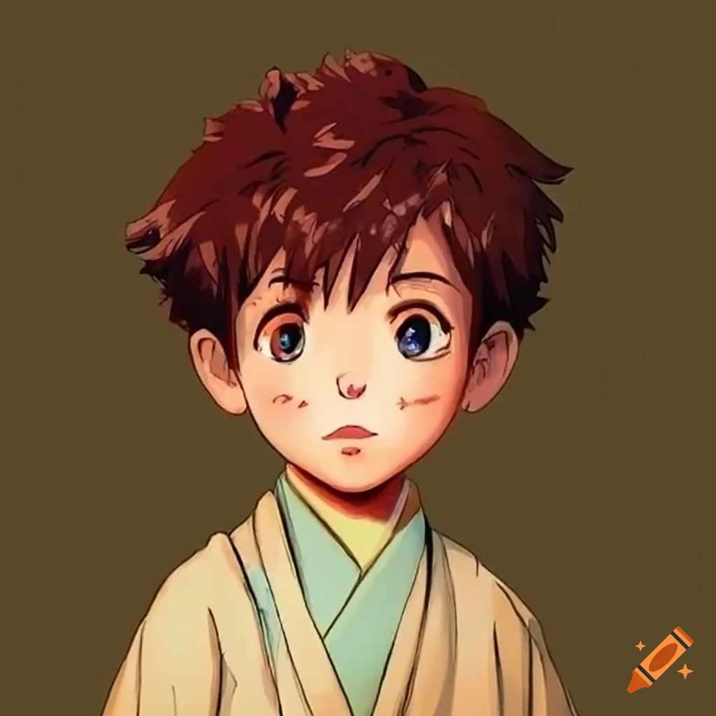 retro anime-inspired image of a young boy in traditional clothing