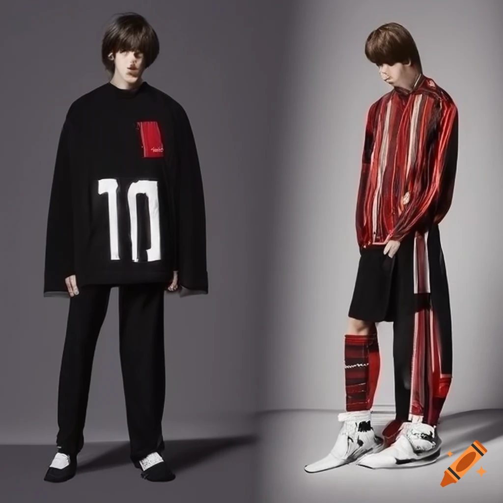 HD photo of Raf Simons menswear soccer jersey and bell bottoms